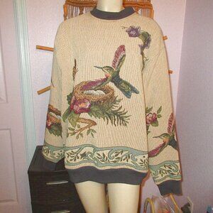 Vtg Sugar Street Weavers Woven Tapestry Sweater Size XL Butterfly Bird Floral